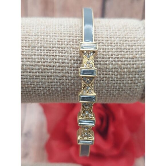 Lia Sophia Gray Enamel Gold Tone Stretchable Bangle Bracelet Baguette Crystals - Picture 8 of 12